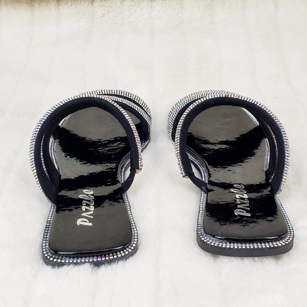 Padded Triple Strap Slip On Sparkly Rhinestone Square Open Toe Sandals_6